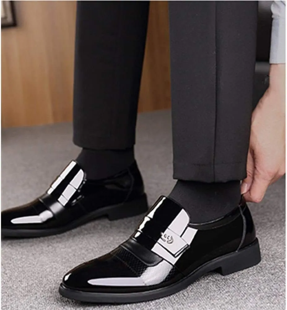 HOOENG Formal Dress Shoes for Men Slip On Round Cap Toe Patent Leather Vegan Leather Non Slip Anti-Slip Low Top Casual