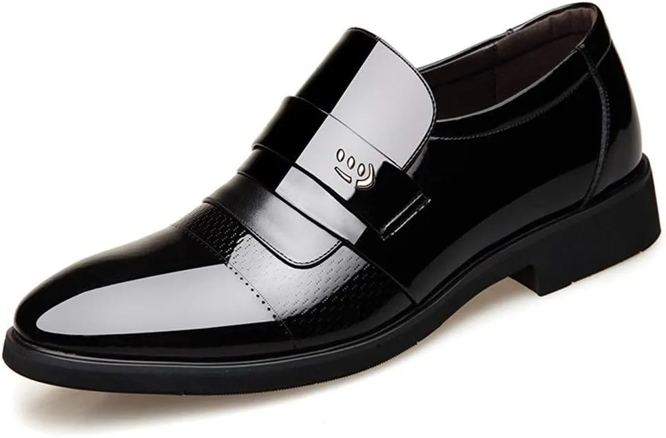 HOOENG Formal Dress Shoes for Men Slip On Round Cap Toe Patent Leather Vegan Leather Non Slip Anti-Slip Low Top Casual