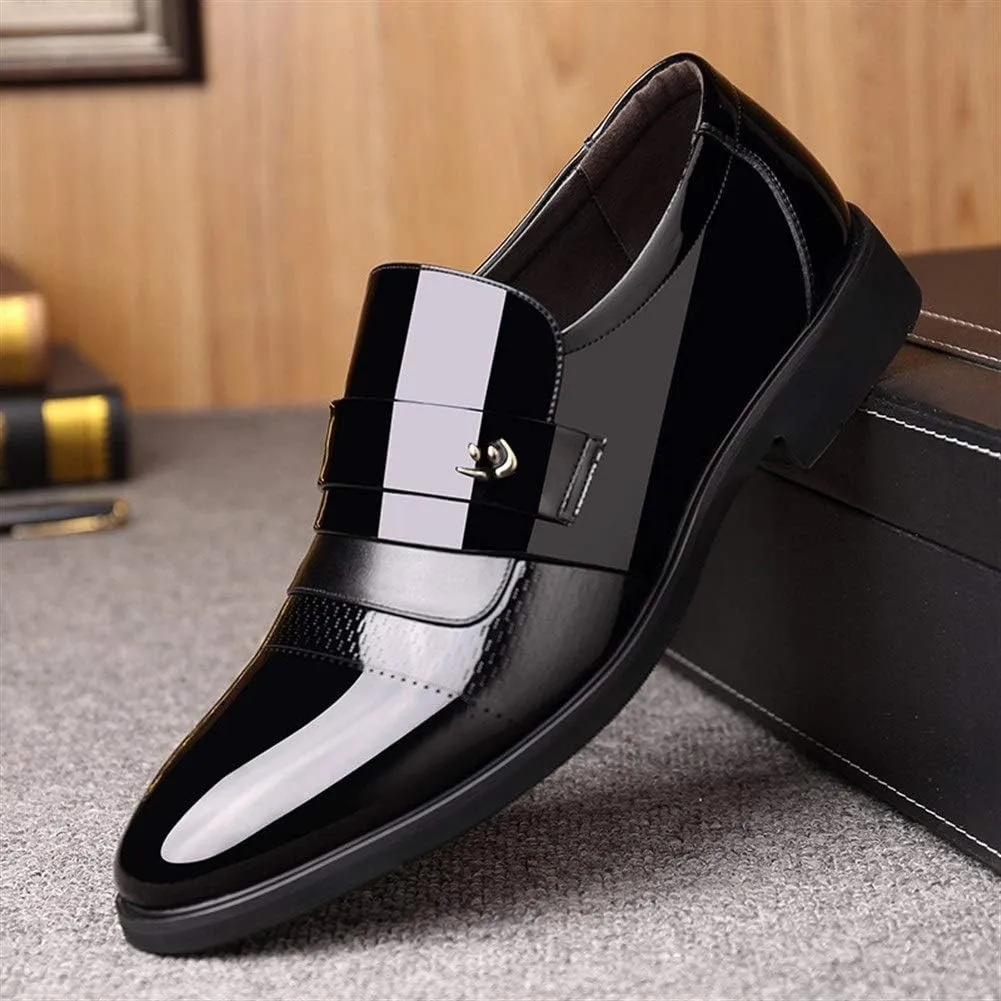 HOOENG Formal Dress Shoes for Men Slip On Round Cap Toe Patent Leather Vegan Leather Non Slip Anti-Slip Low Top Casual