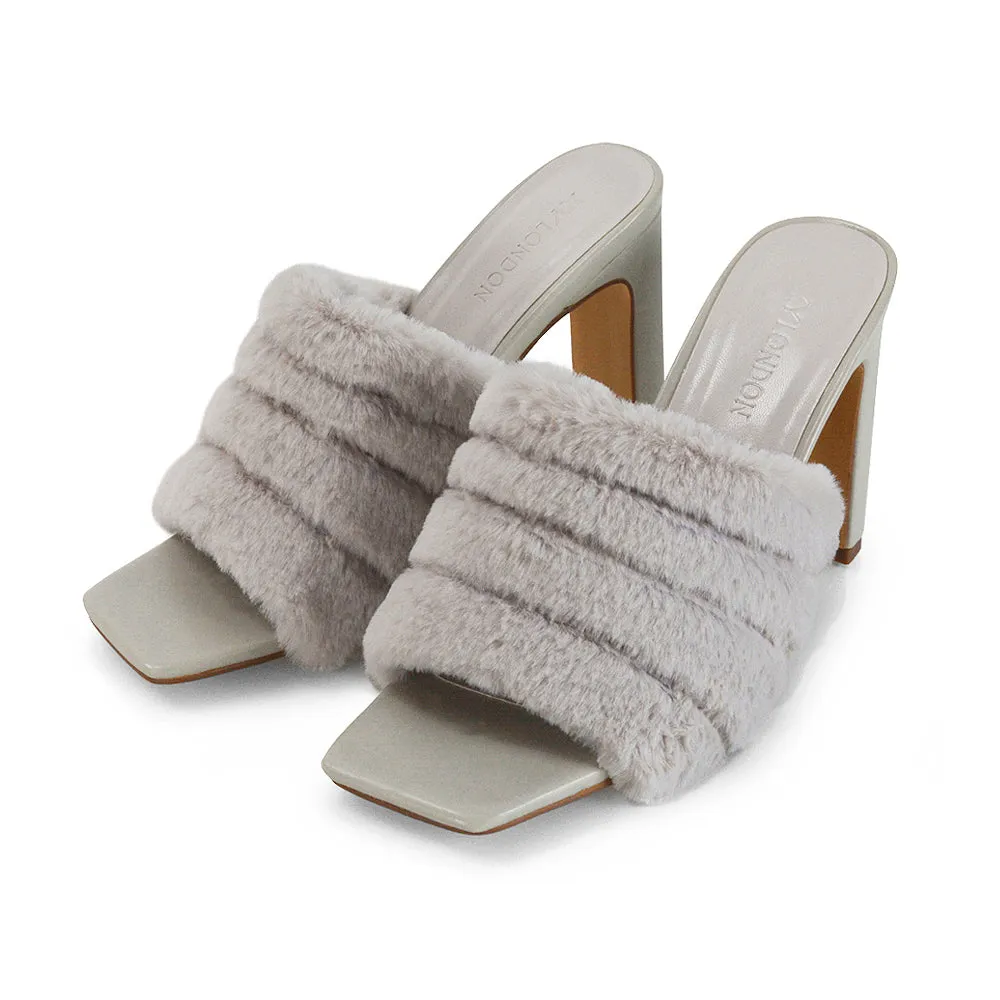 Hunter Fluffy Faux Fur Front Strap Square Toe High Slim Block Heel Mules in Pink