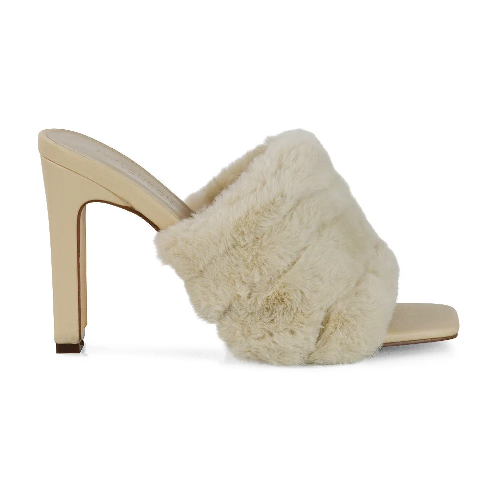 Hunter Fluffy Faux Fur Front Strap Square Toe High Slim Block Heel Mules in Pink