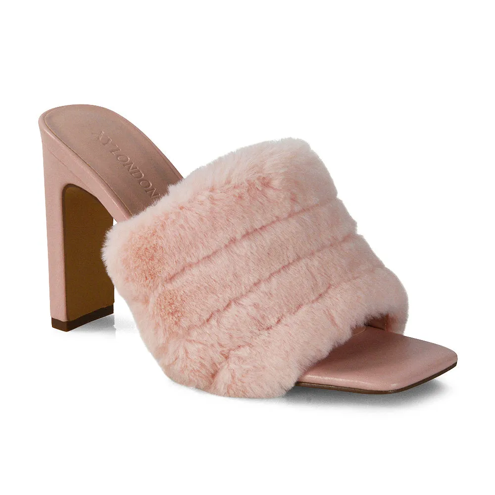 Hunter Fluffy Faux Fur Front Strap Square Toe High Slim Block Heel Mules in Pink