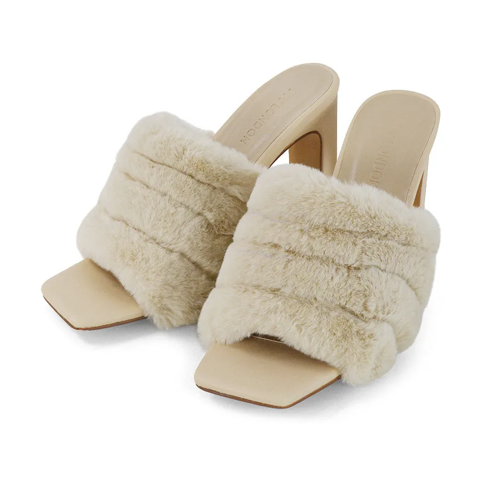Hunter Fluffy Faux Fur Front Strap Square Toe High Slim Block Heel Mules in Pink