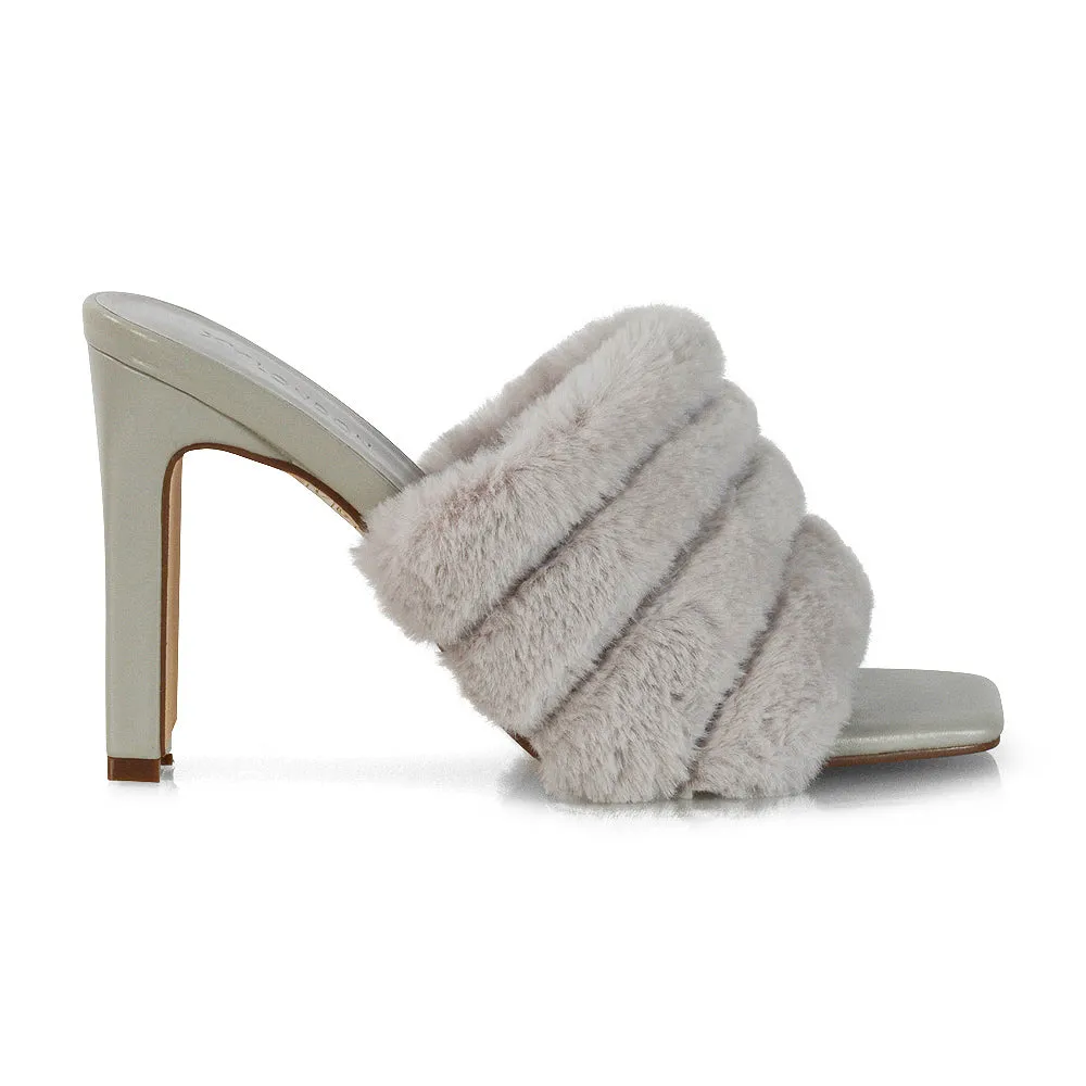 Hunter Fluffy Faux Fur Front Strap Square Toe High Slim Block Heel Mules in Pink