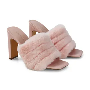Hunter Fluffy Faux Fur Front Strap Square Toe High Slim Block Heel Mules in Pink