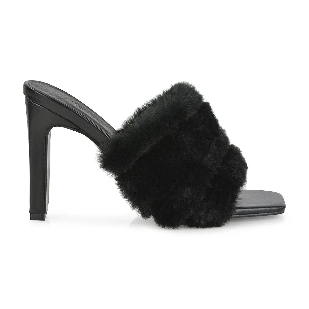 Hunter Fluffy Faux Fur Front Strap Square Toe High Slim Block Heel Mules in Pink