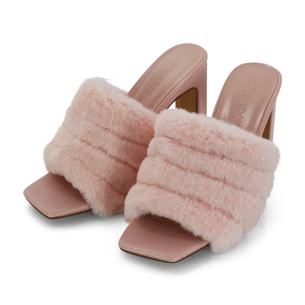 Hunter Fluffy Faux Fur Front Strap Square Toe High Slim Block Heel Mules in Pink
