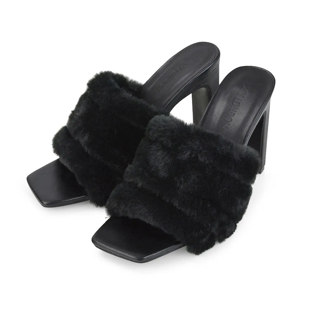 Hunter Fluffy Faux Fur Front Strap Square Toe High Slim Block Heel Mules in Pink