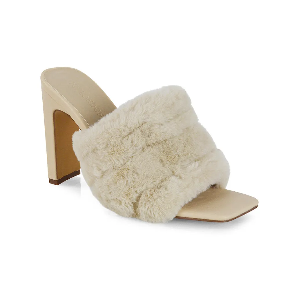Hunter Fluffy Faux Fur Front Strap Square Toe High Slim Block Heel Mules in Pink