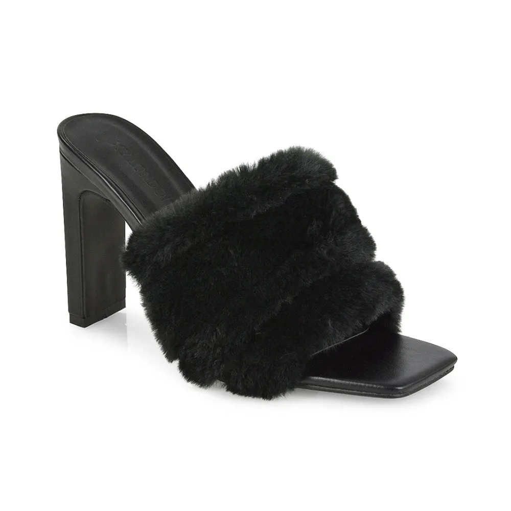 Hunter Fluffy Faux Fur Front Strap Square Toe High Slim Block Heel Mules in Pink