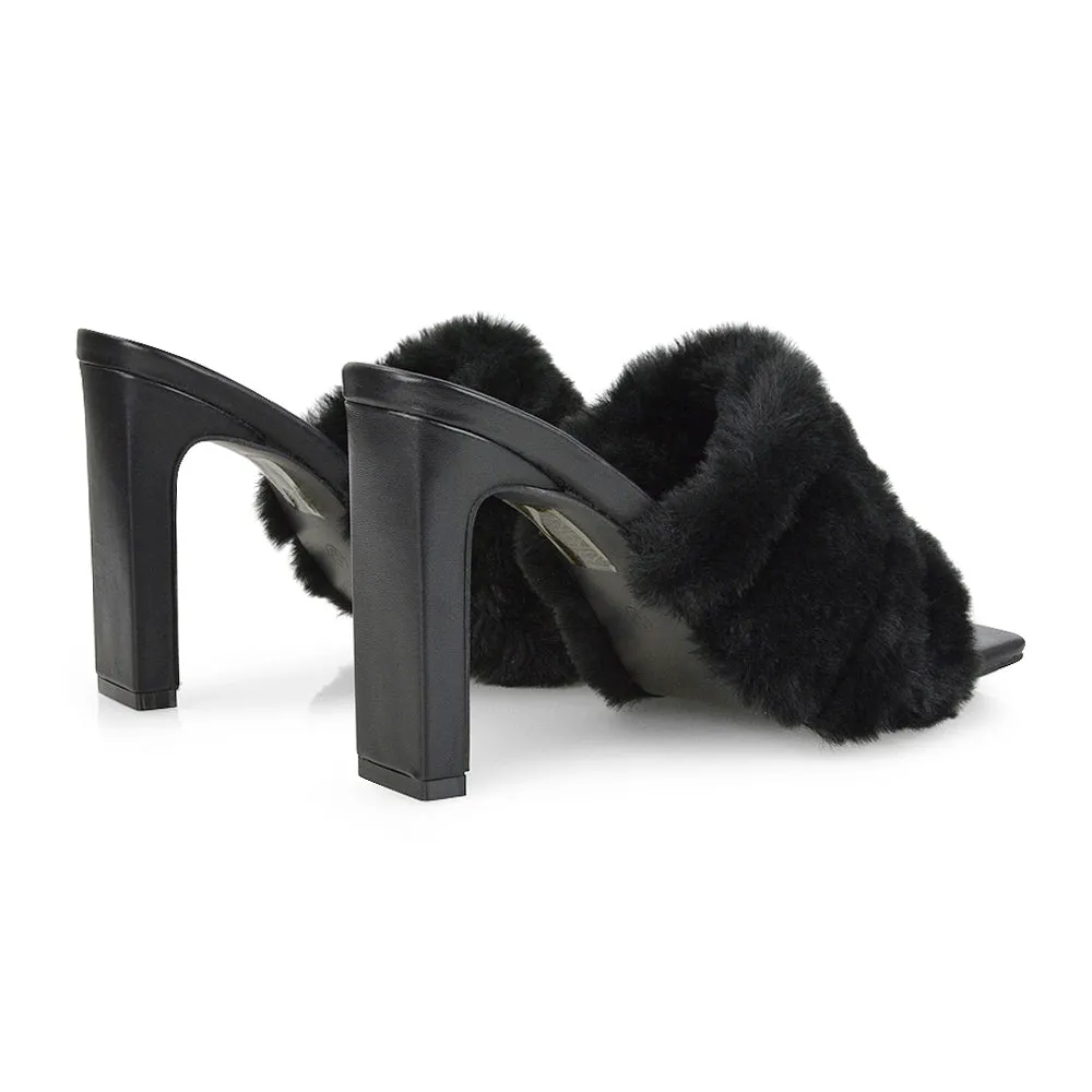 Hunter Fluffy Faux Fur Front Strap Square Toe High Slim Block Heel Mules in Pink