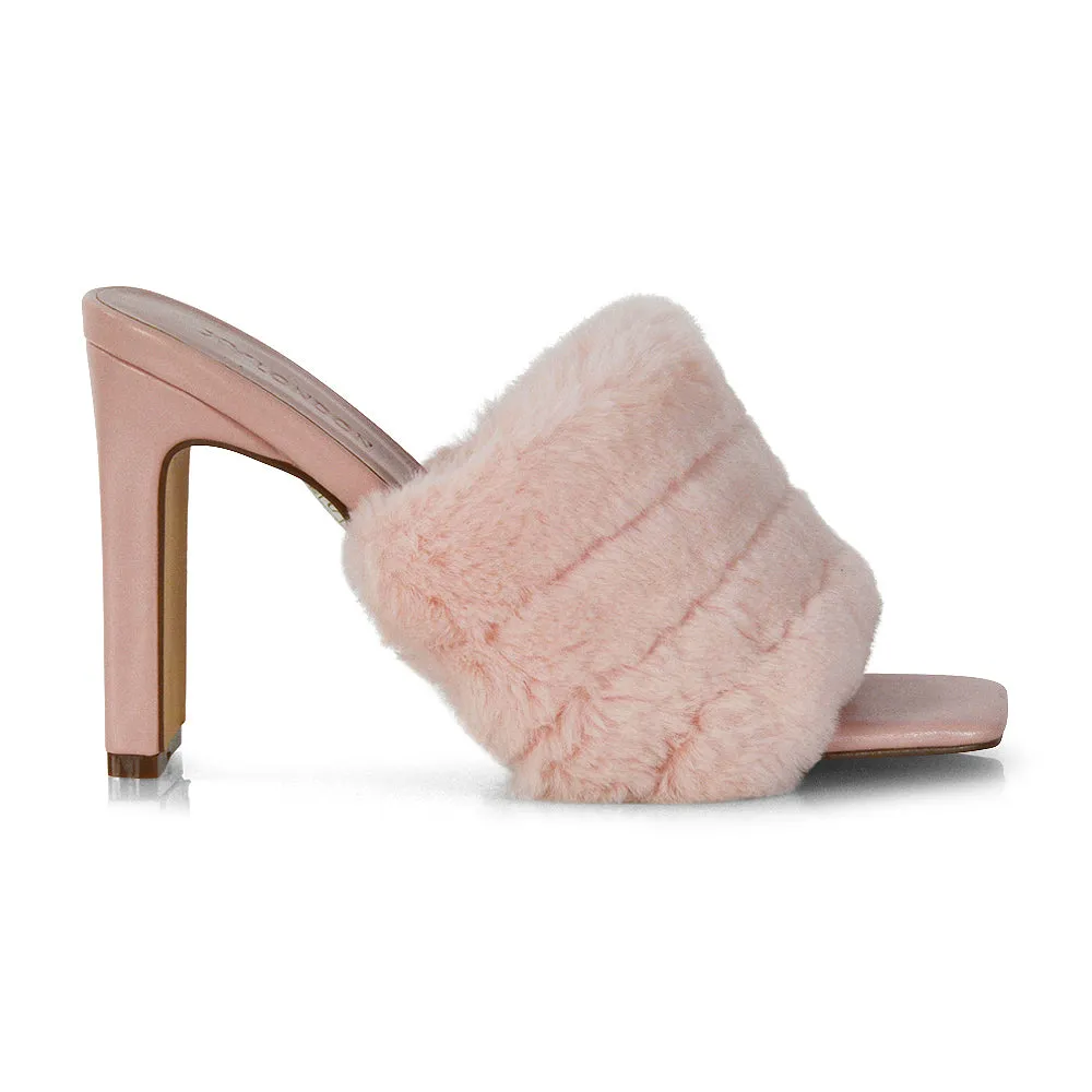 Hunter Fluffy Faux Fur Front Strap Square Toe High Slim Block Heel Mules in Pink