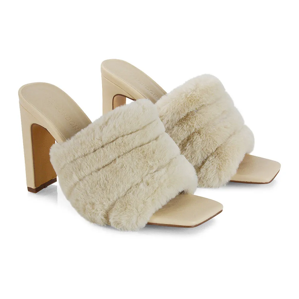 Hunter Fluffy Faux Fur Front Strap Square Toe High Slim Block Heel Mules in Pink