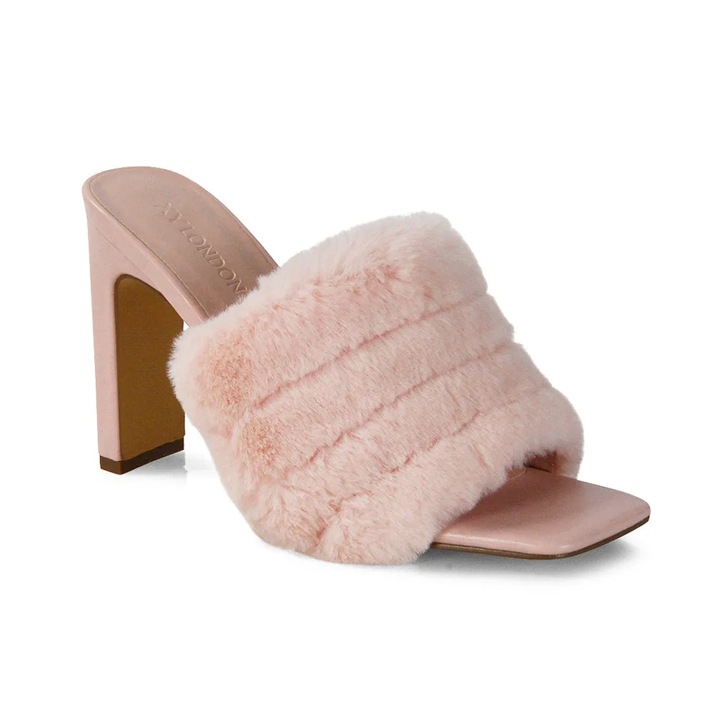 Hunter Fluffy Faux Fur Front Strap Square Toe High Slim Block Heel Mules in Pink
