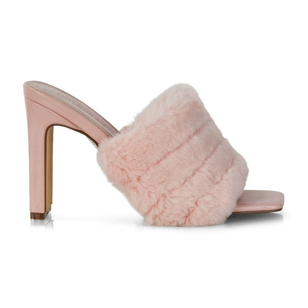 Hunter Fluffy Faux Fur Front Strap Square Toe High Slim Block Heel Mules in Pink