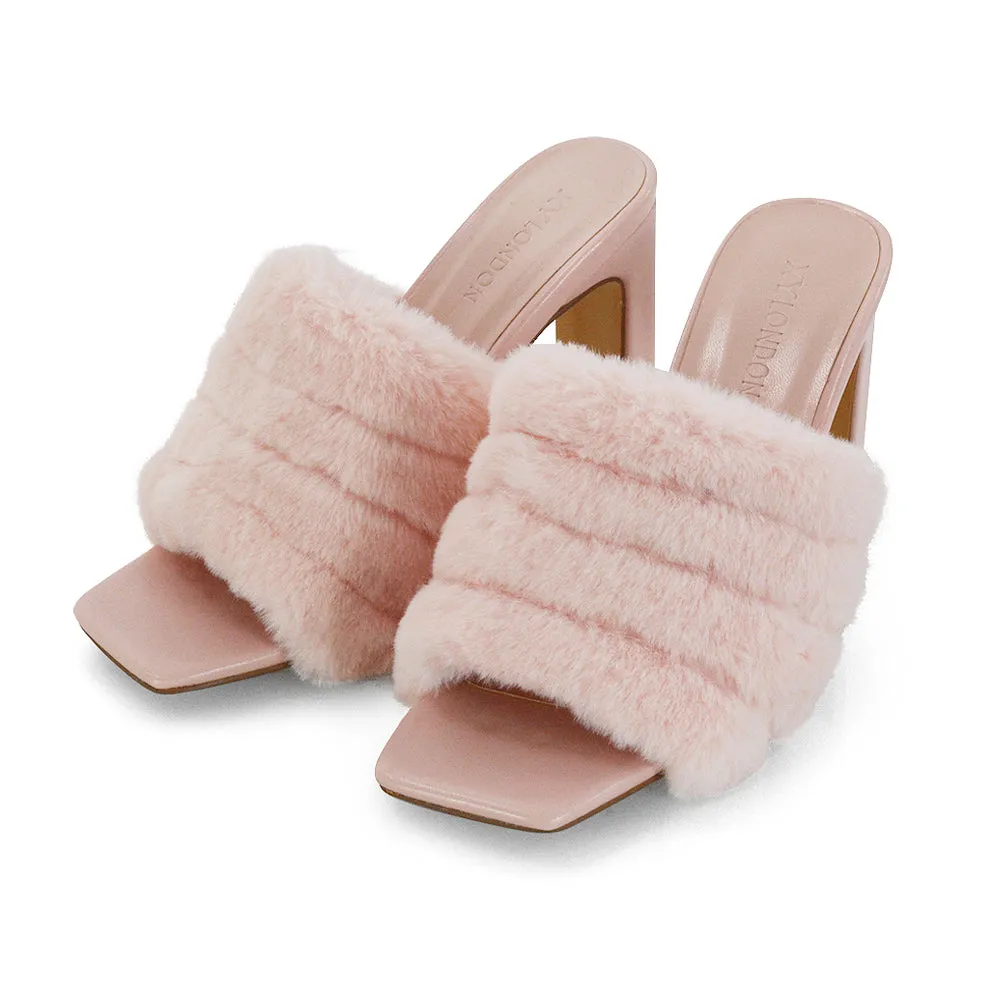 Hunter Fluffy Faux Fur Front Strap Square Toe High Slim Block Heel Mules in Pink