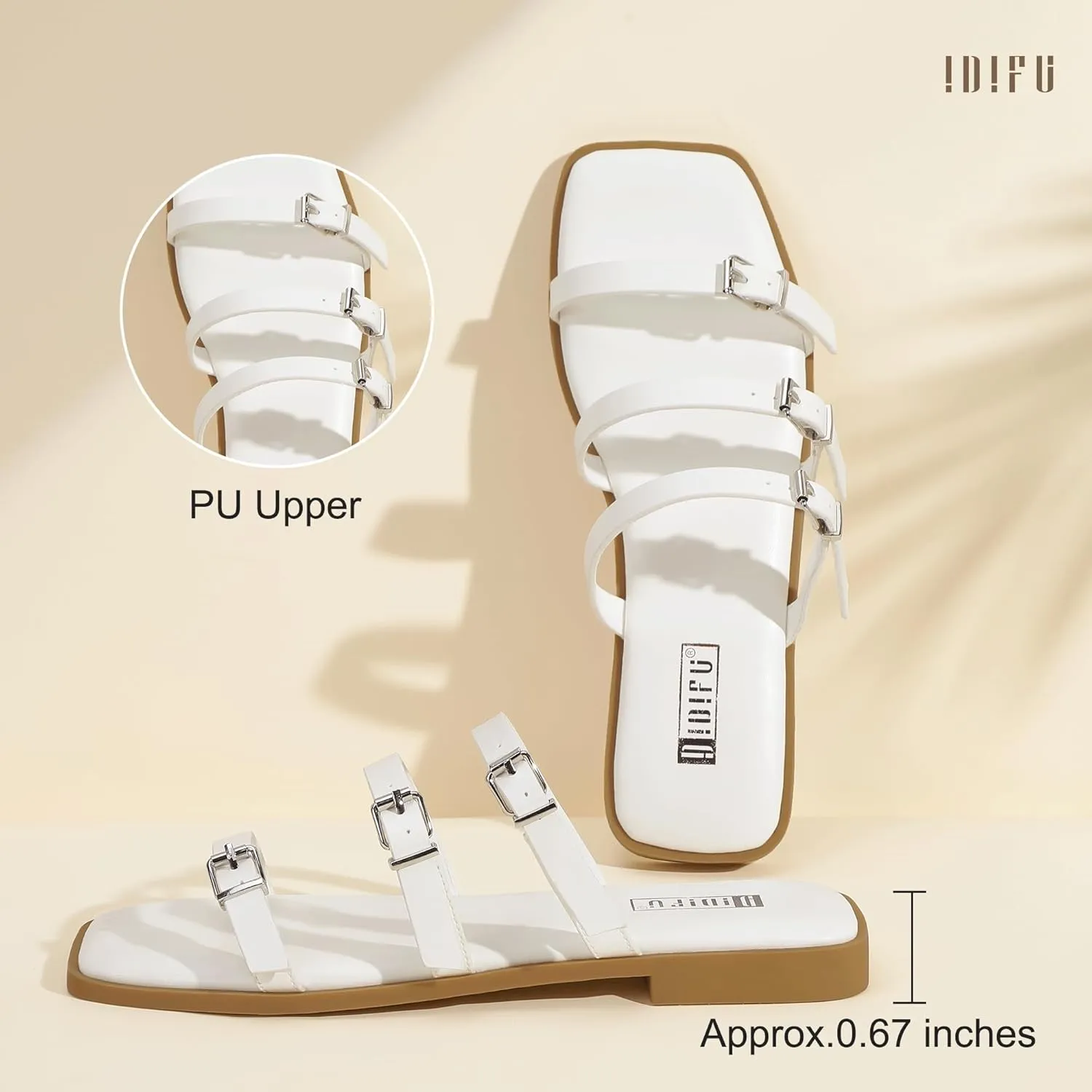 IDIFU Womens Strappy Flat Sandals Square Open Toe Gladiator Slides Sandals Three Adjustable Buckle Straps Slip On Summer Dress Shoes Beach Wedding Prom Work Travel Trendy Dressy Casual Cute Sandals