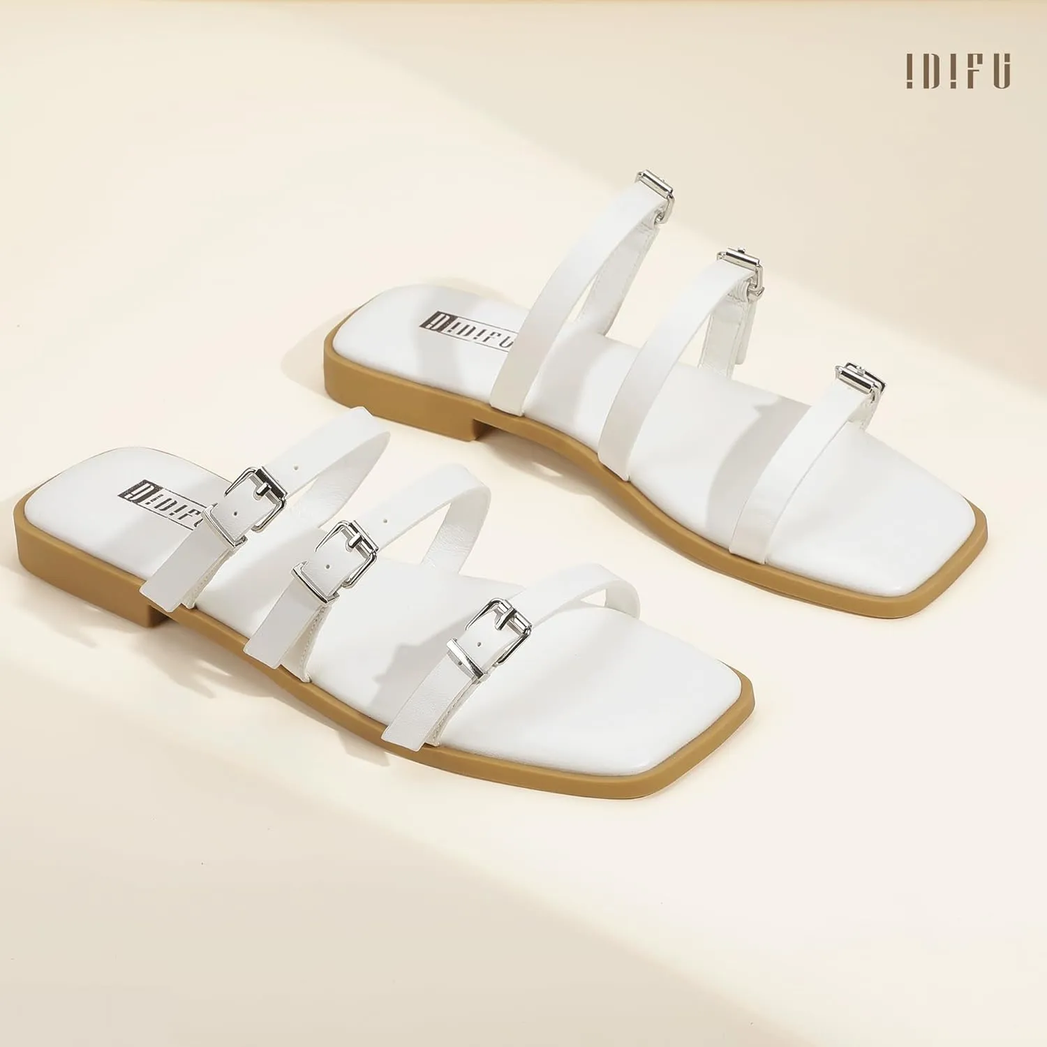 IDIFU Womens Strappy Flat Sandals Square Open Toe Gladiator Slides Sandals Three Adjustable Buckle Straps Slip On Summer Dress Shoes Beach Wedding Prom Work Travel Trendy Dressy Casual Cute Sandals