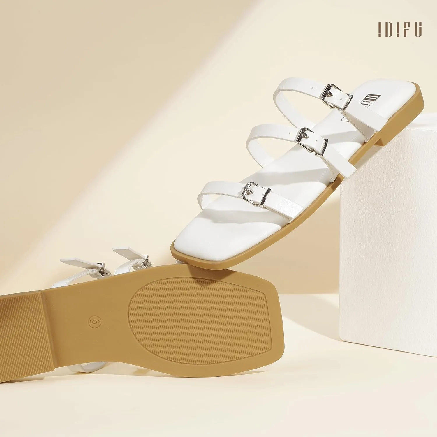 IDIFU Womens Strappy Flat Sandals Square Open Toe Gladiator Slides Sandals Three Adjustable Buckle Straps Slip On Summer Dress Shoes Beach Wedding Prom Work Travel Trendy Dressy Casual Cute Sandals