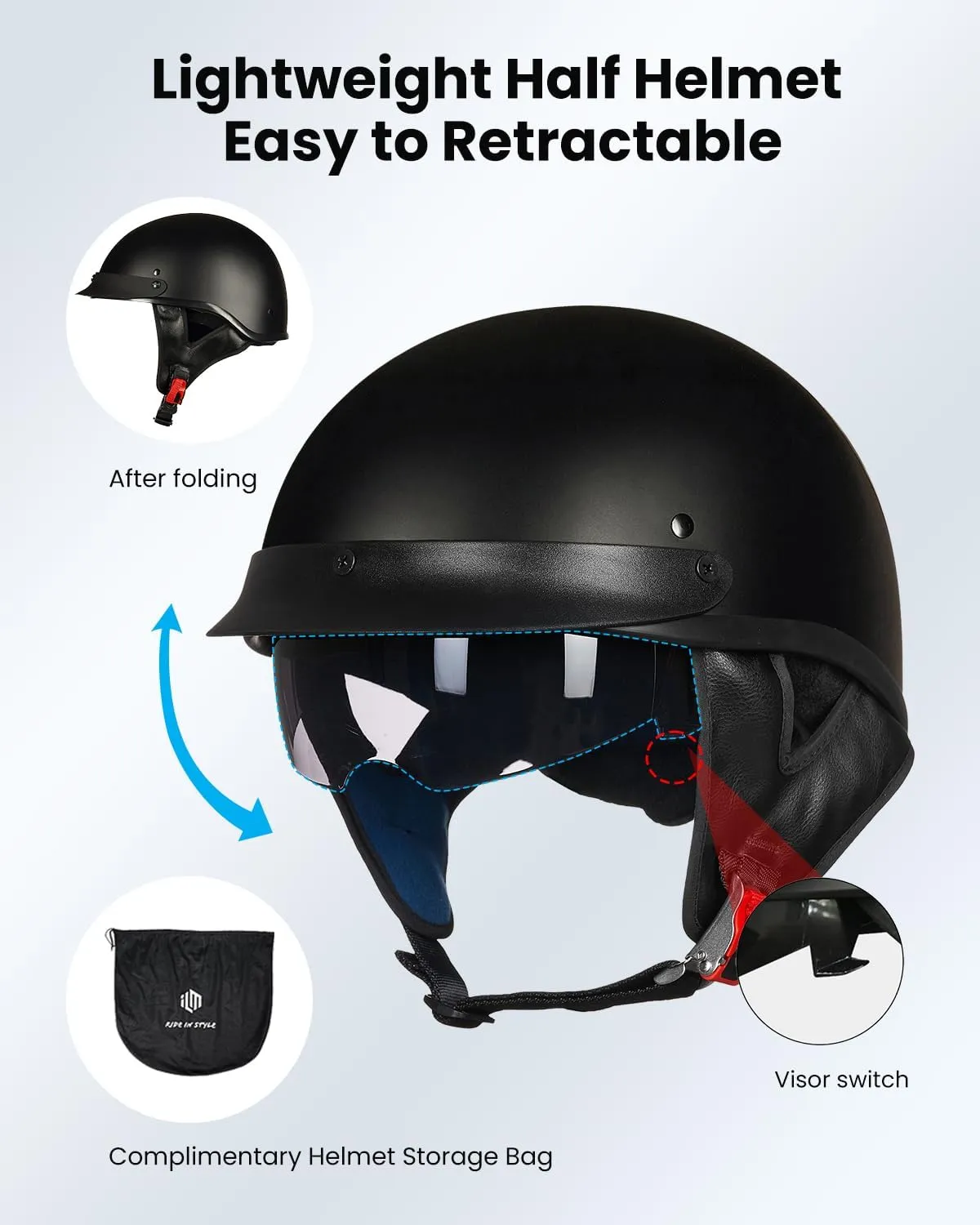 ILM Half Helmet Motorcycle Open Face Sun Visor Quick Release Buckle DOT Approved Cycling Motocross Suits Men Women (XL, Matt Black)