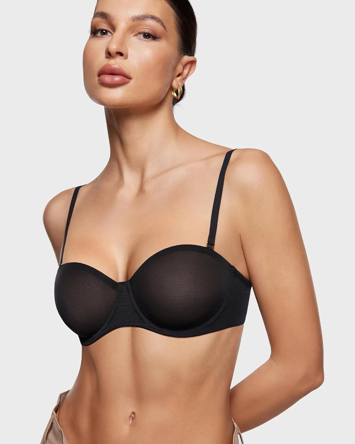 INLYRIC Women's Sheer Strapless Bras Mesh Sexy Unlined Plus Size See Through Bra Underwire Demi Mesh Non Padded