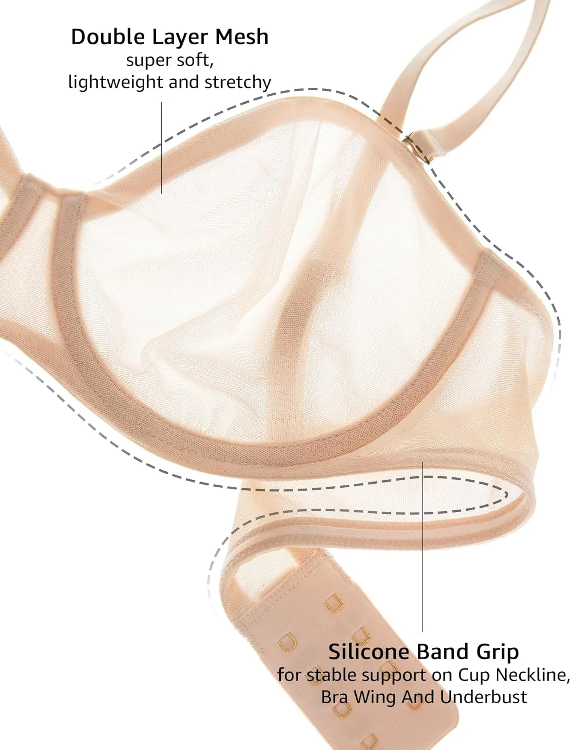 INLYRIC Women's Sheer Strapless Bras Mesh Sexy Unlined Plus Size See Through Bra Underwire Demi Mesh Non Padded