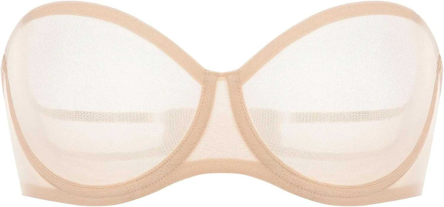 INLYRIC Women's Sheer Strapless Bras Mesh Sexy Unlined Plus Size See Through Bra Underwire Demi Mesh Non Padded