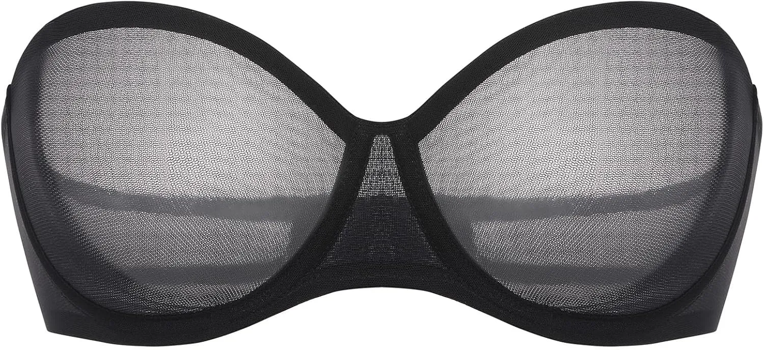 INLYRIC Women's Sheer Strapless Bras Mesh Sexy Unlined Plus Size See Through Bra Underwire Demi Mesh Non Padded
