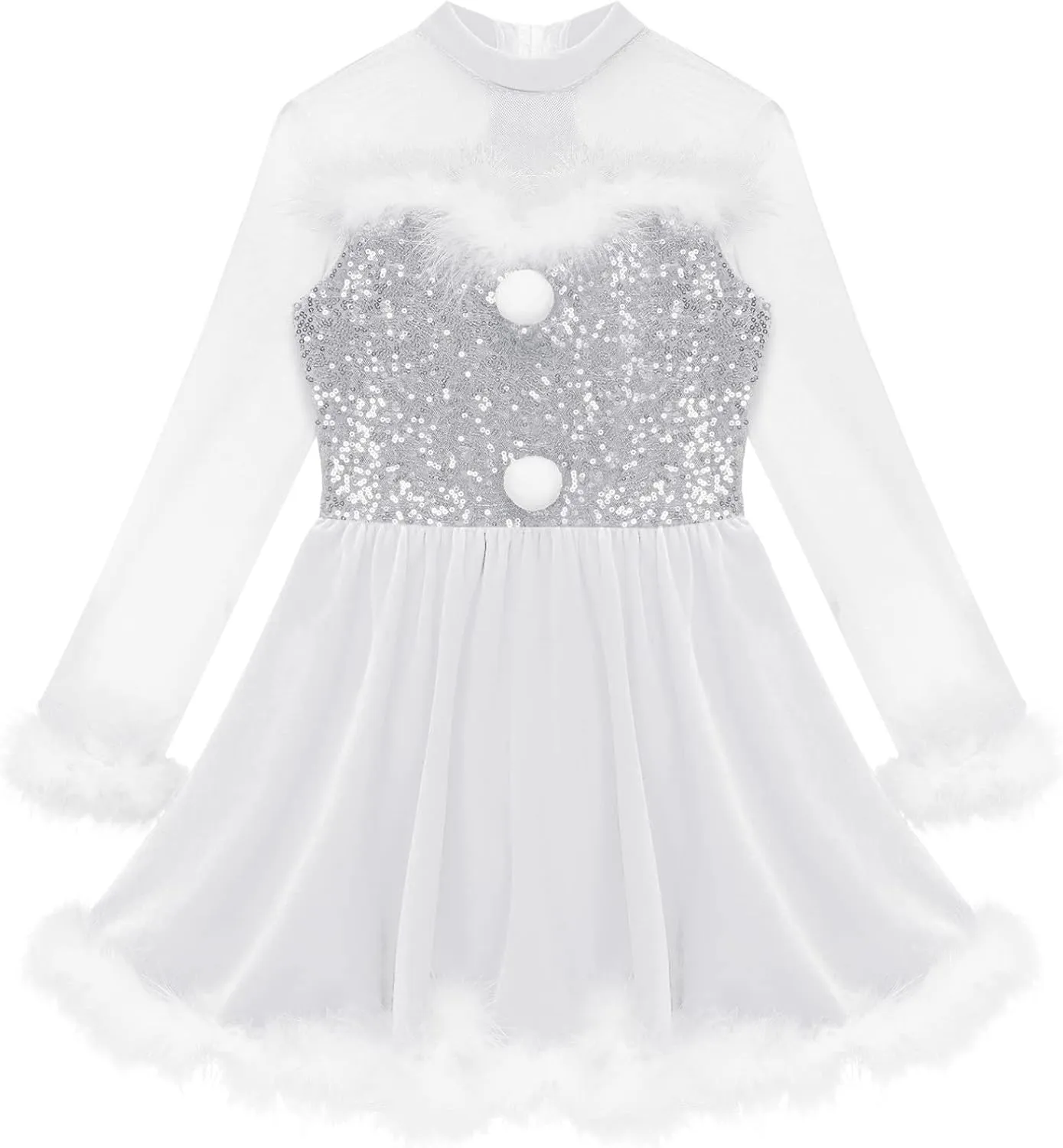 JEATHA Kids Girls Shiny Sequins Christmas Snowman Long Sleeve Mock Neck Tutu Dress Figure Skating Dancewear