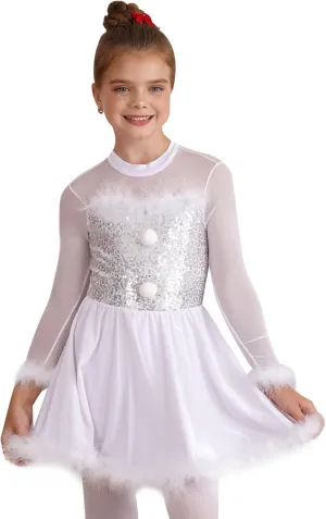 JEATHA Kids Girls Shiny Sequins Christmas Snowman Long Sleeve Mock Neck Tutu Dress Figure Skating Dancewear
