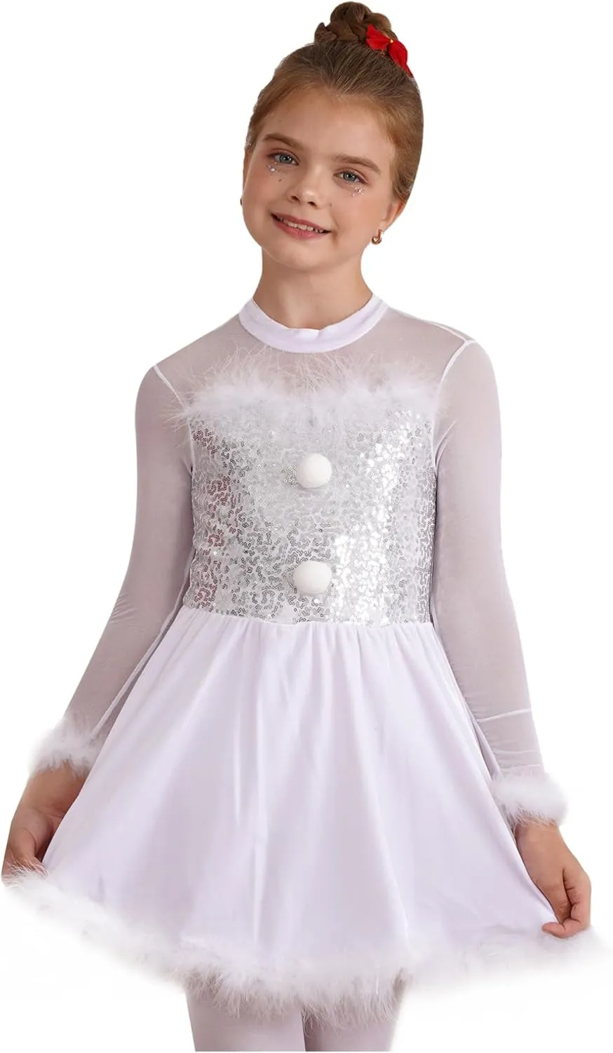 JEATHA Kids Girls Shiny Sequins Christmas Snowman Long Sleeve Mock Neck Tutu Dress Figure Skating Dancewear
