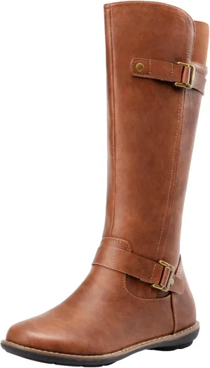 Jeossy Women's 9655 Knee High Boots Flat Riding Tall Boots with Buckle and Side Zipper