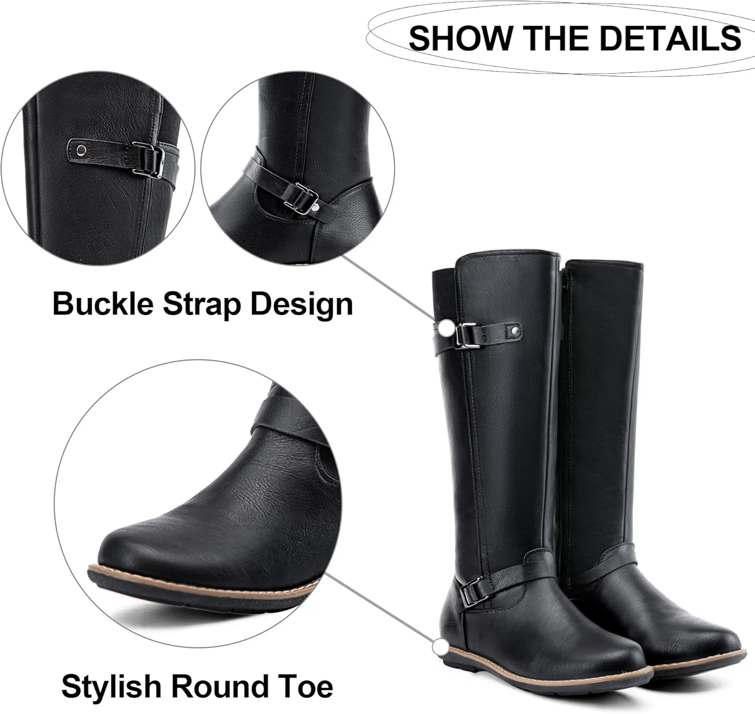 Jeossy Women's 9655 Knee High Boots Flat Riding Tall Boots with Buckle and Side Zipper