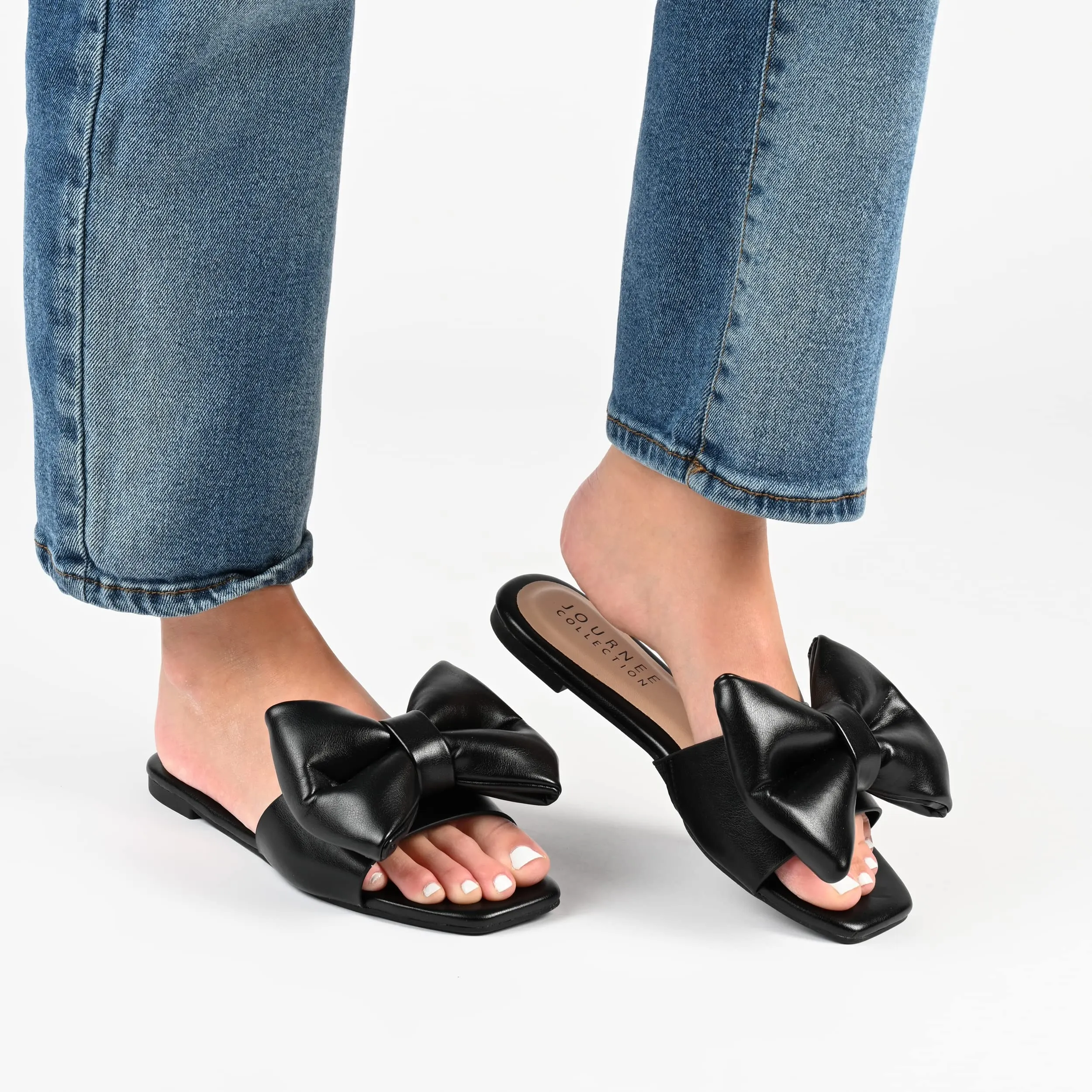 Journee Womens Bow Knot Flat Open Square Toe Dressy Sandal Fayre Tru Comfort Slip On Slide Shoes Black 7.5 Medium WOMENS US
