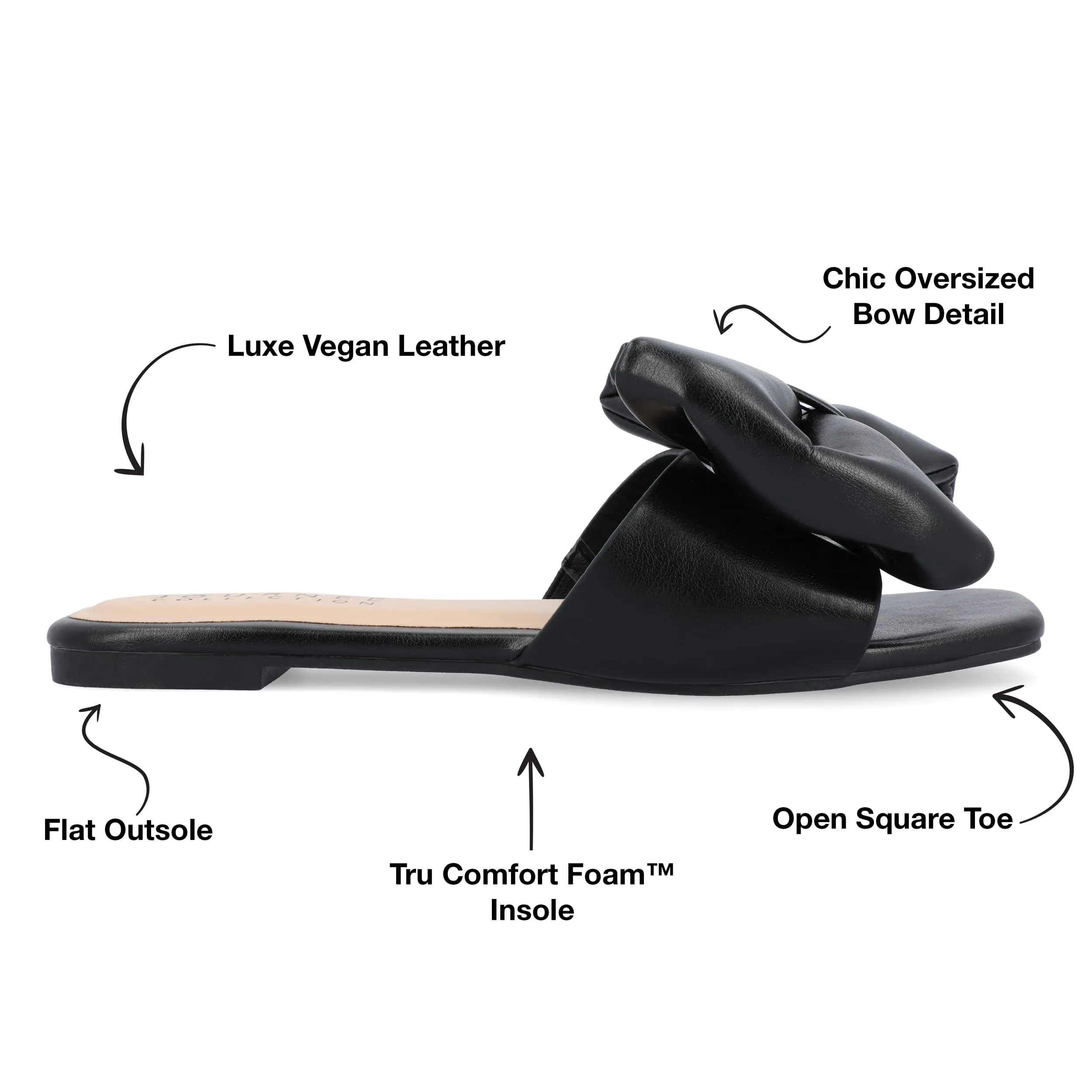 Journee Womens Bow Knot Flat Open Square Toe Dressy Sandal Fayre Tru Comfort Slip On Slide Shoes Black 7.5 Medium WOMENS US