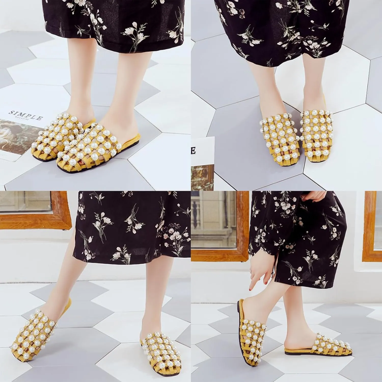 KCTRFSJ Women's Pearl Hollow Out Closed Toe Flat Mule Slides,Summer Fashion Square Toe Slip-on Checkered Backless Sandals Comfortable Casual Dress Beach Slippers