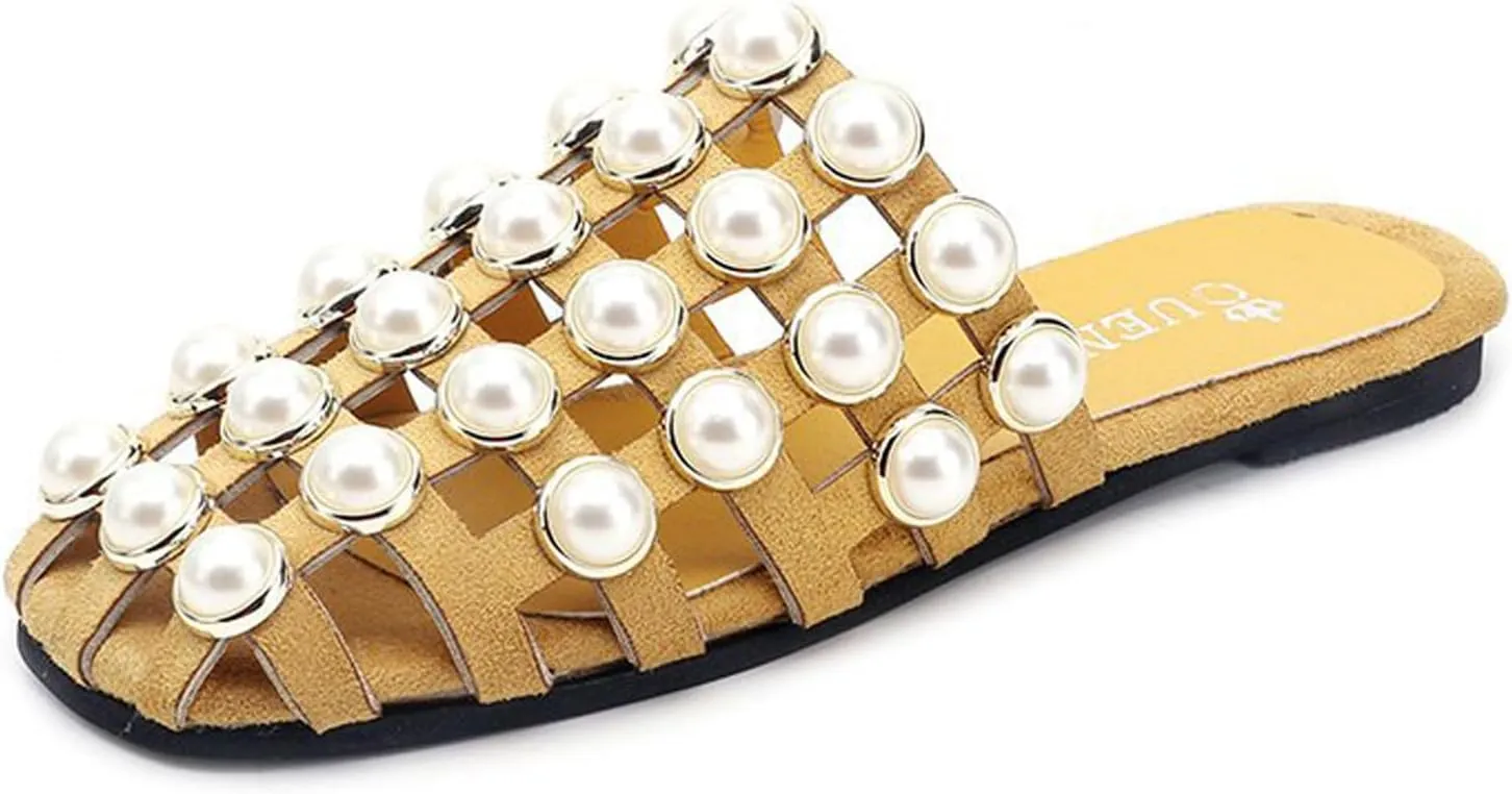 KCTRFSJ Women's Pearl Hollow Out Closed Toe Flat Mule Slides,Summer Fashion Square Toe Slip-on Checkered Backless Sandals Comfortable Casual Dress Beach Slippers