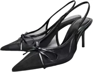 keleimusi Women's Bow Tie Mesh Slingback Heels Pointed Toe Kitten Heels Pumps Backless Slip on Low-Heeled Sandals Sexy Summer Dress Shoes