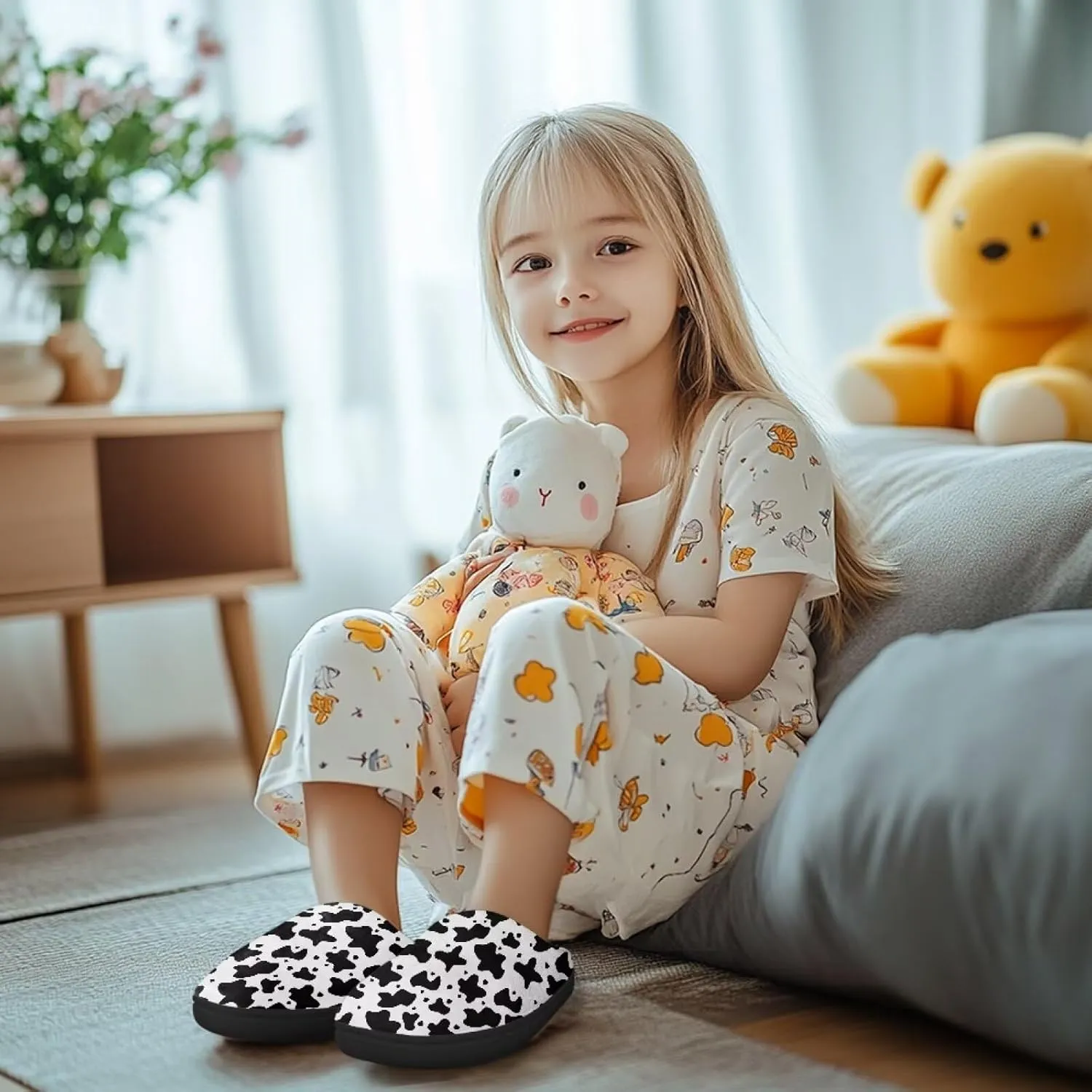 Kids Fuzzy Warm House Slippers for Girls Non Slip Rubber Sole Home Slippers for Toddlers Size 9-15