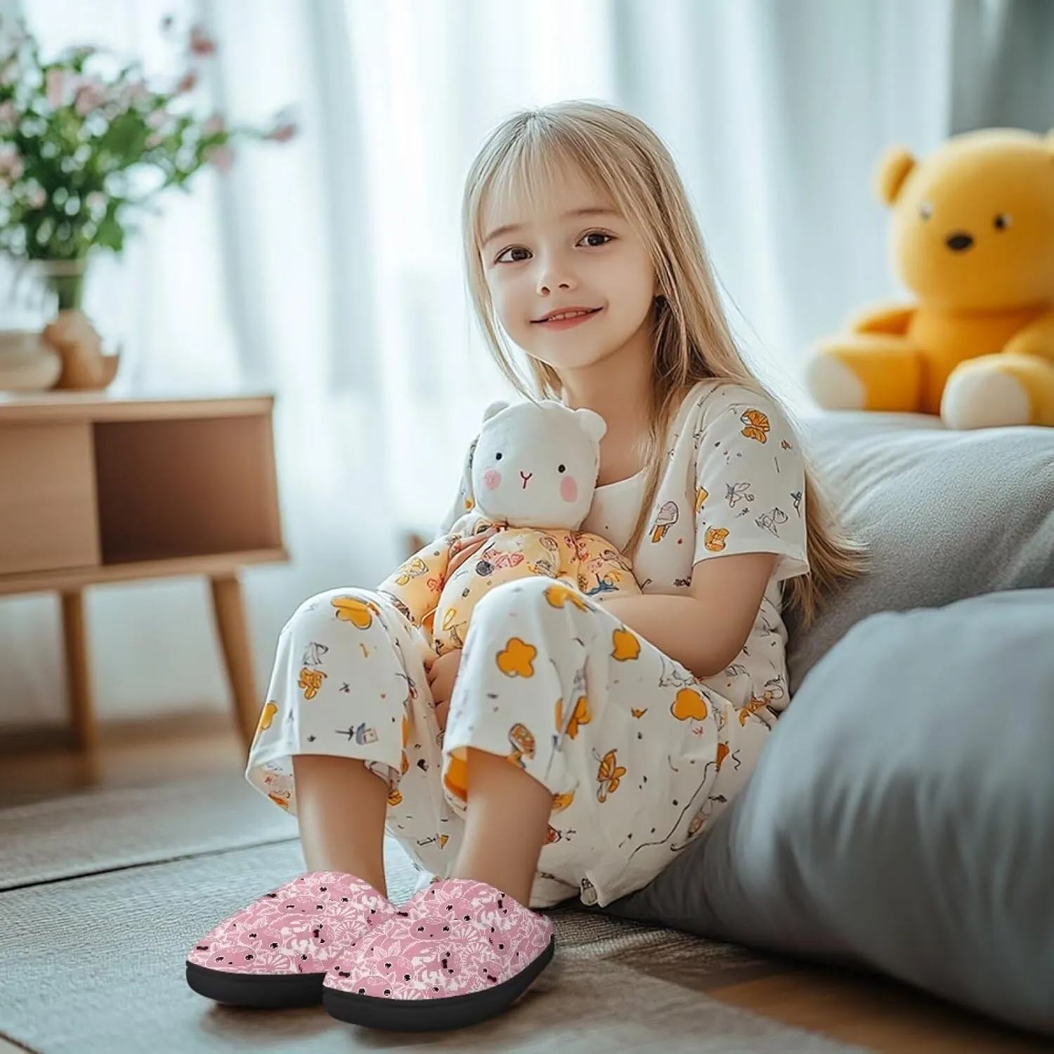 Kids Fuzzy Warm House Slippers for Girls Non Slip Rubber Sole Home Slippers for Toddlers Size 9-15