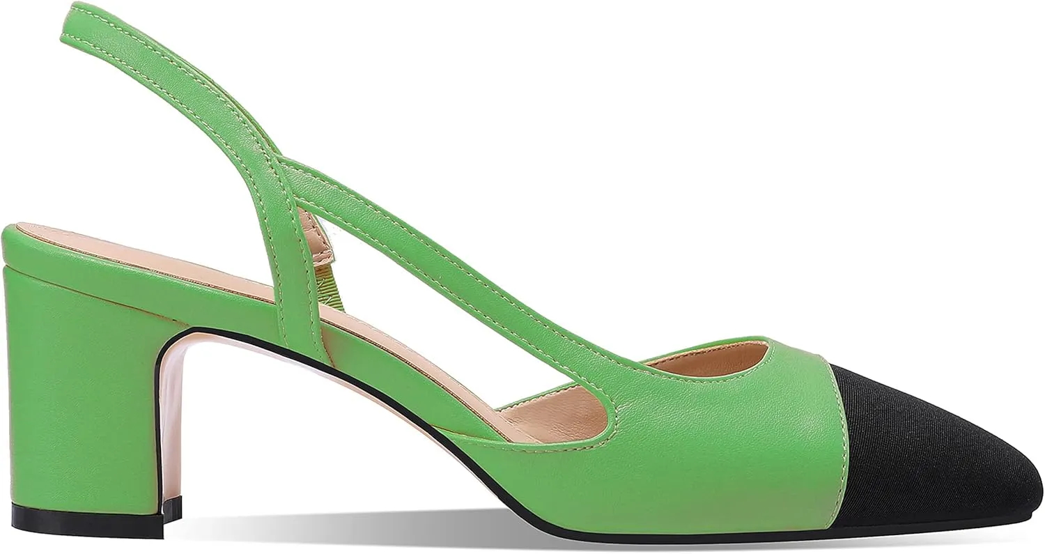 LauraVicci Heeled Slingback Pumps Two Toned Splicing Closed Round Toe Chunky Block Heels Sandals Slip On Office Party Fashion Shoes