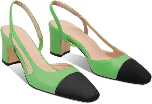 LauraVicci Heeled Slingback Pumps Two Toned Splicing Closed Round Toe Chunky Block Heels Sandals Slip On Office Party Fashion Shoes