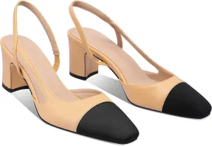 LauraVicci Heeled Slingback Pumps Two Toned Splicing Closed Round Toe Chunky Block Heels Sandals Slip On Office Party Fashion Shoes