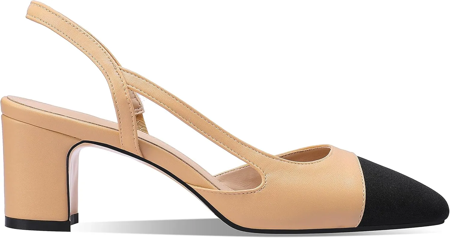 LauraVicci Heeled Slingback Pumps Two Toned Splicing Closed Round Toe Chunky Block Heels Sandals Slip On Office Party Fashion Shoes
