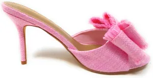 LEMONADE Women's Double Bow Frayed Edge Detail Peep Toe Stiletto Heel Mule