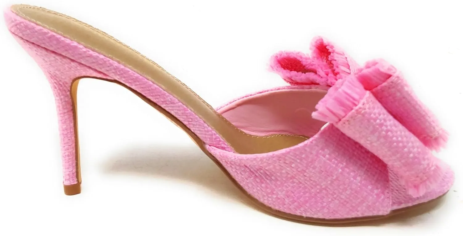 LEMONADE Women's Double Bow Frayed Edge Detail Peep Toe Stiletto Heel Mule