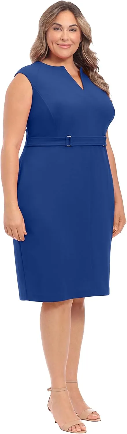 London Times Women's Plus Size Extended Shoulder Buckle Waist Sheath Midi