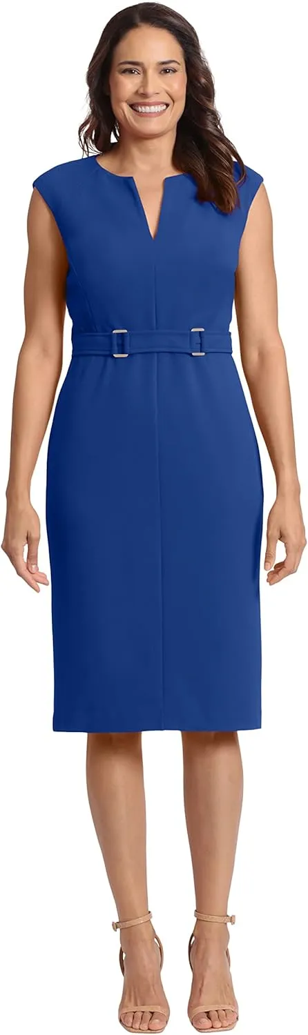 London Times Women's Plus Size Extended Shoulder Buckle Waist Sheath Midi