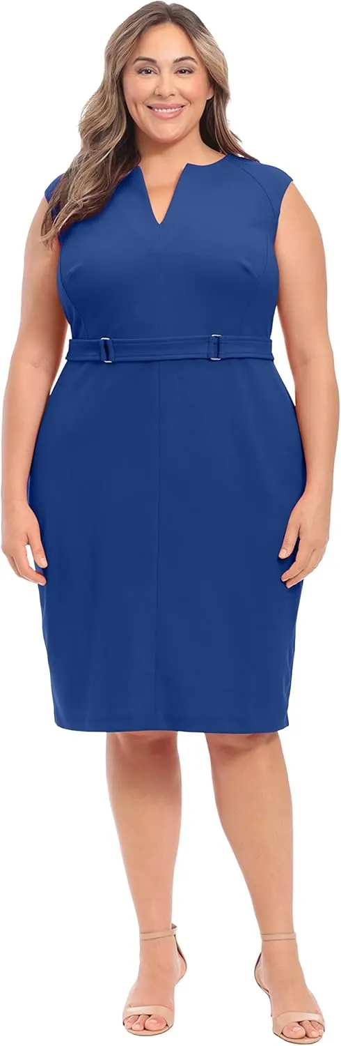 London Times Women's Plus Size Extended Shoulder Buckle Waist Sheath Midi