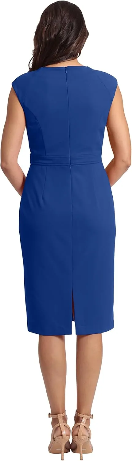 London Times Women's Plus Size Extended Shoulder Buckle Waist Sheath Midi